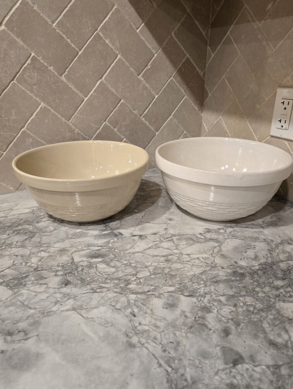 Antique Pair Of Sunburst Pottery Mixing Bowls 11" Cream White Stoneware Crock